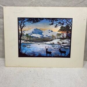 Vintage Winter Landscape Foil Art Print Stags Mountains Lake 12x9 Matted